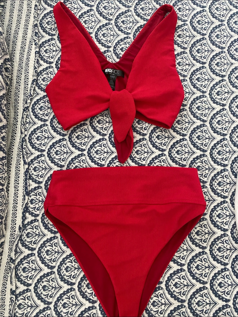 Beach Riot Red Ribbed Two-Piece Swim Set with Front Tie Size S/M